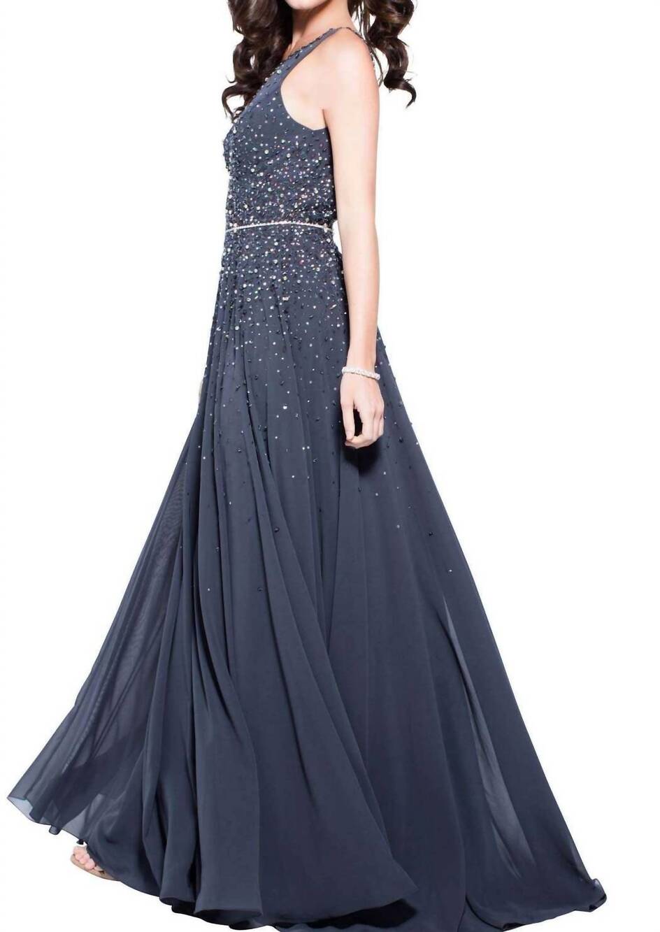 NEW JOVANI v-neck sleeveless fitted evening gown in charcoal